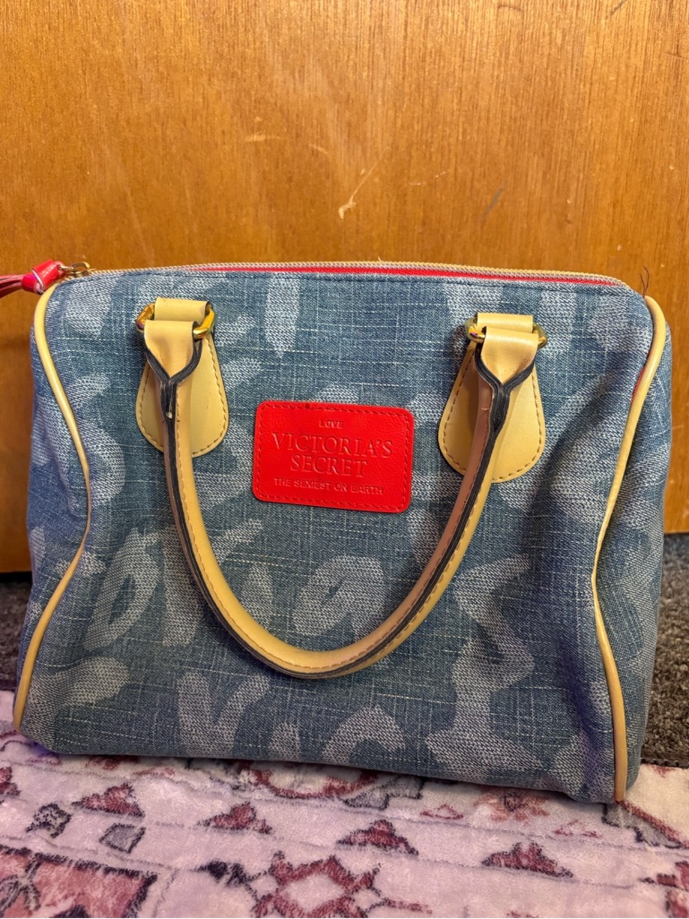 Victoria's Secret Denim shoulder bag with tan trim and red logo